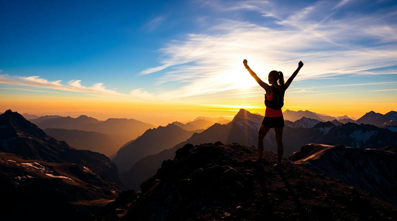 Atleta no cume da montanha ao amanhecer
